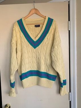Kenneth Gordon Chunky Knit V- neck Sweater Cricket Preppy 90's USA Academia XL